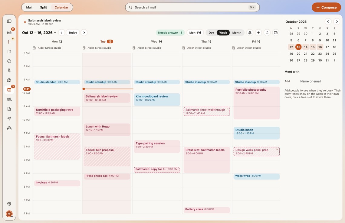 MarginMail’s calendar beside your mail: unanswered meeting invitations are marked, and Needs your answer gathers them, each with Accept, Maybe and Decline.