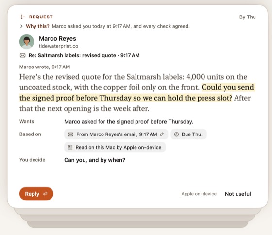 A Request card in MarginMail: Marco Reyes’s sentence, “Could you send the signed proof before Thursday so we can hold the press slot?”, is highlighted, and Why this? explains the card.